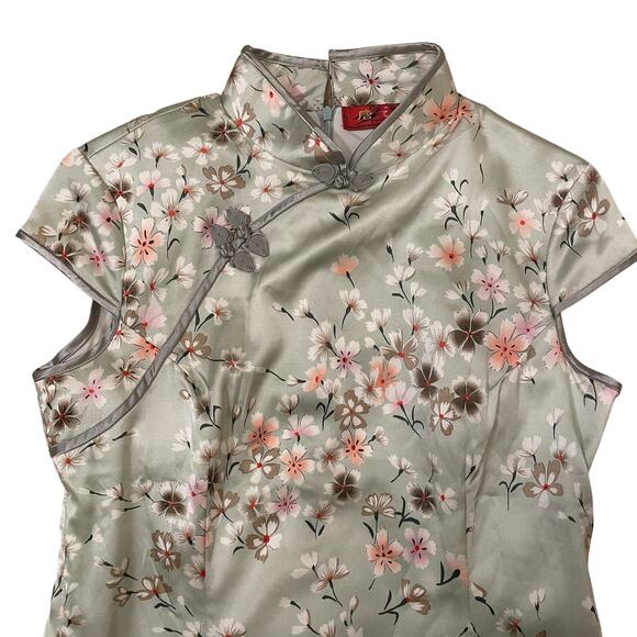 Vintage Sage Floral Cheongsam Dress | Stretch Silk Qipao, Size M (Tag XXX) - Picture 2 of 7